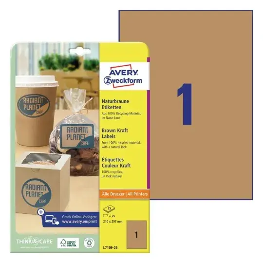 Avery L7109-25 Bruna kraftpappersetiketter, 210 x 297 mm, A4, obelagda, bruna bruna 3260x2160x80mm (25ZP) - (25 zp per kartong) Rabatt