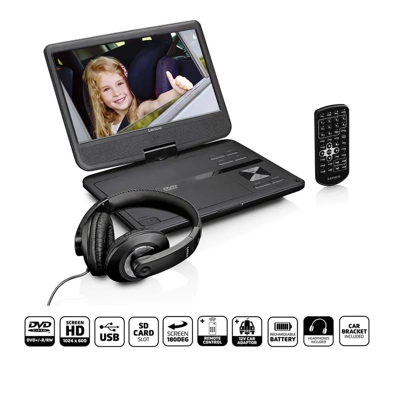 Lenco DVP-1010, Bärbar DVD-spelare, Cabriolet, Svart, CD, DVD, NTSC, PAL, 25,4 cm (10) Begränsad tid